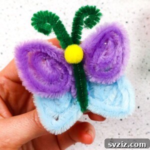 A vibrant, multi-colored pipe cleaner butterfly, showcasing the potential for creative expression in this craft.