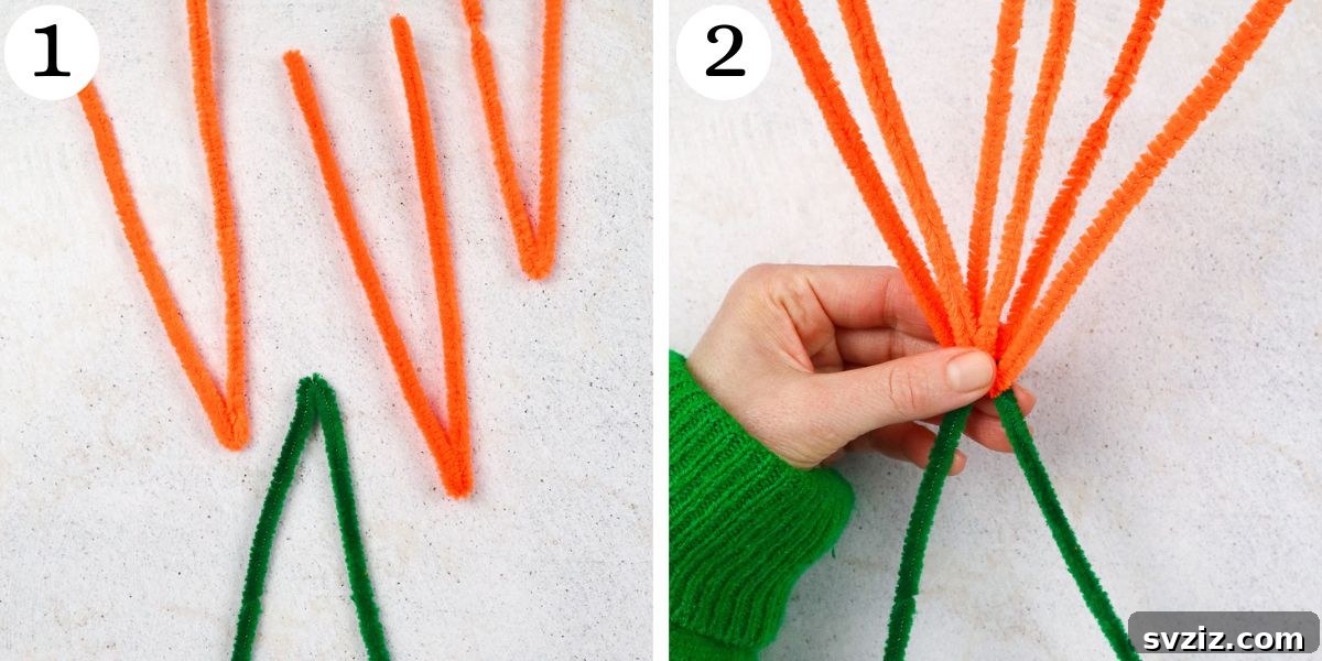 Fuzzy Floral Creations 4 Initial steps of crafting pipe cleaner flowers: pipe cleaners bent into V-shapes and assembled together.