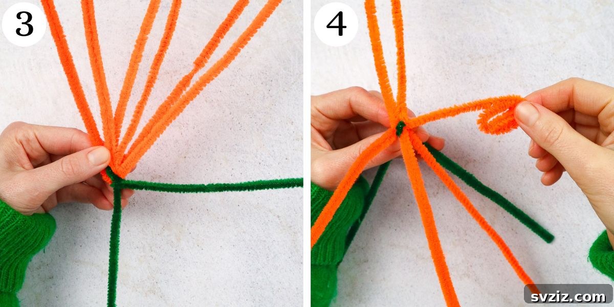 Fuzzy Floral Creations 5 Detailed instructions for making pipe cleaner flowers, showing twisting the stem and beginning to curl petals.