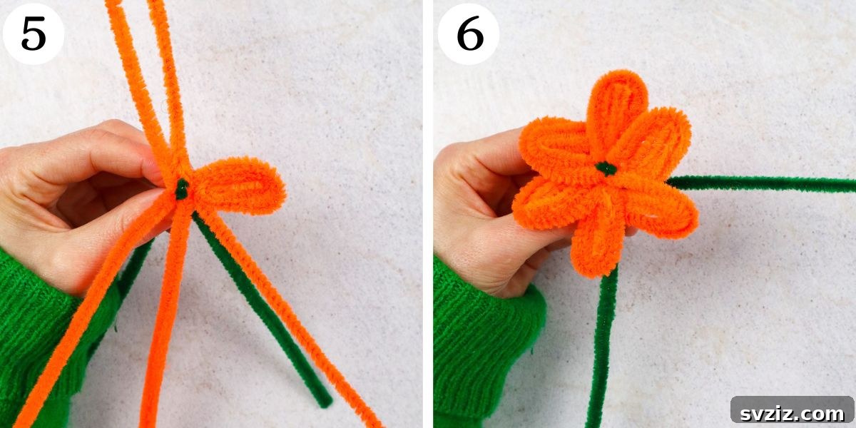 Fuzzy Floral Creations 6 Further steps in crafting pipe cleaner flowers, demonstrating continued petal shaping and securing.