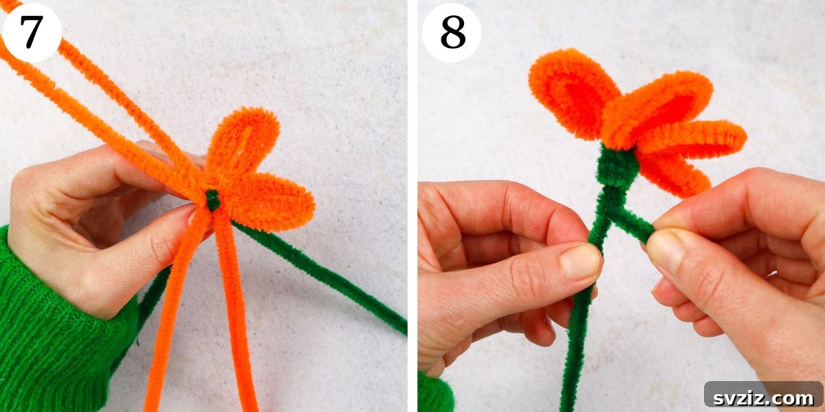 Fuzzy Floral Creations 7 Final stages of pipe cleaner flower creation, showing how to secure the stem and wrap it for stability.