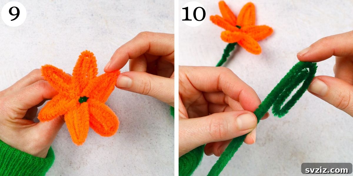 Fuzzy Floral Creations 8 Steps for adding a leaf to a pipe cleaner flower, demonstrating shaping the leaf and preparing to attach it.