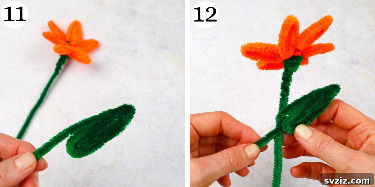 Fuzzy Floral Creations 9 The completed pipe cleaner flower with its attached leaf, ready for display or gifting.