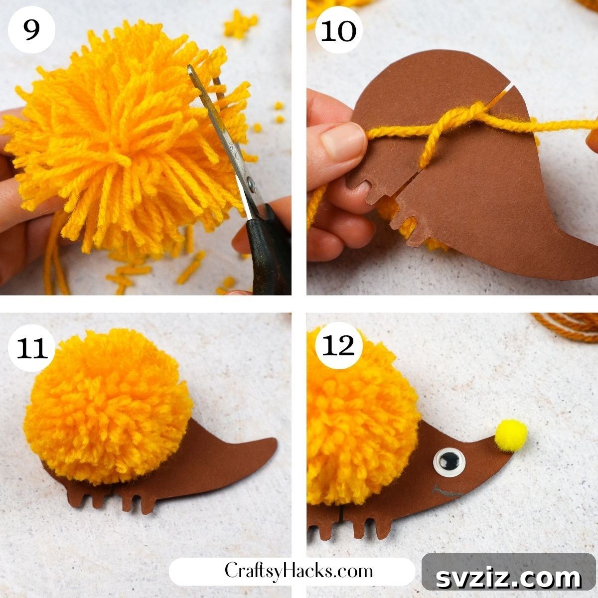 Craft an Adorable Pom Pom Hedgehog 5 Finished DIY pom pom hedgehog craft idea with googly eyes and a pom pom nose