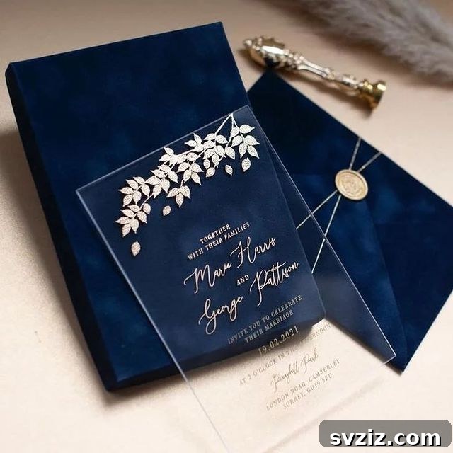 31 Inspiring Wedding Stationery Designs 20 Romantic Midnight Blue with Transparent Insert
