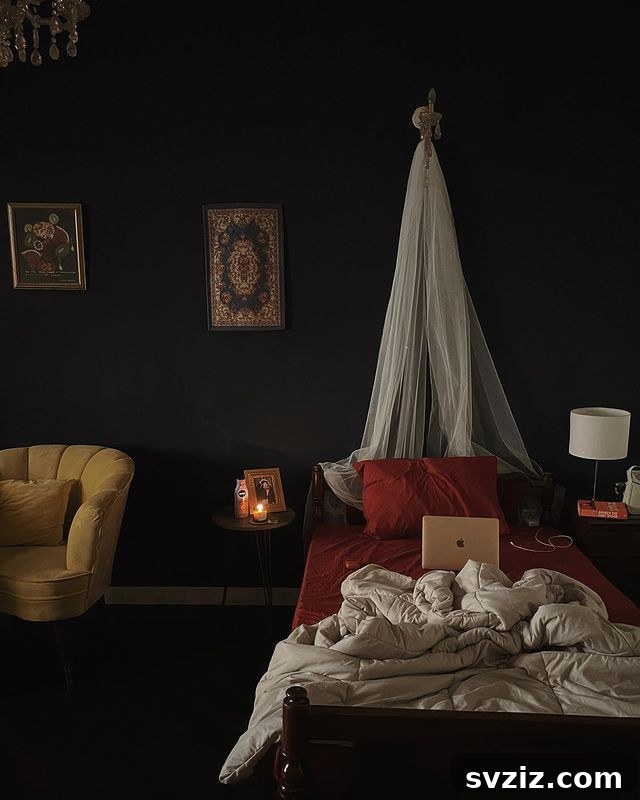 27 Captivating Dark Boho Bedroom Designs 6 Canopy for a Dramatic Dark Boho Bedroom