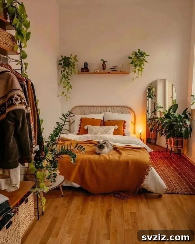 27 Captivating Dark Boho Bedroom Designs 9 Lush Green Plants in Dark Bohemian Bedroom
