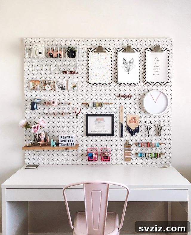 21 Ingenious Ways to Transform Small Bedrooms 13 A versatile pegboard system on a wall provides customizable vertical storage for small items and decor, ideal for compact spaces.