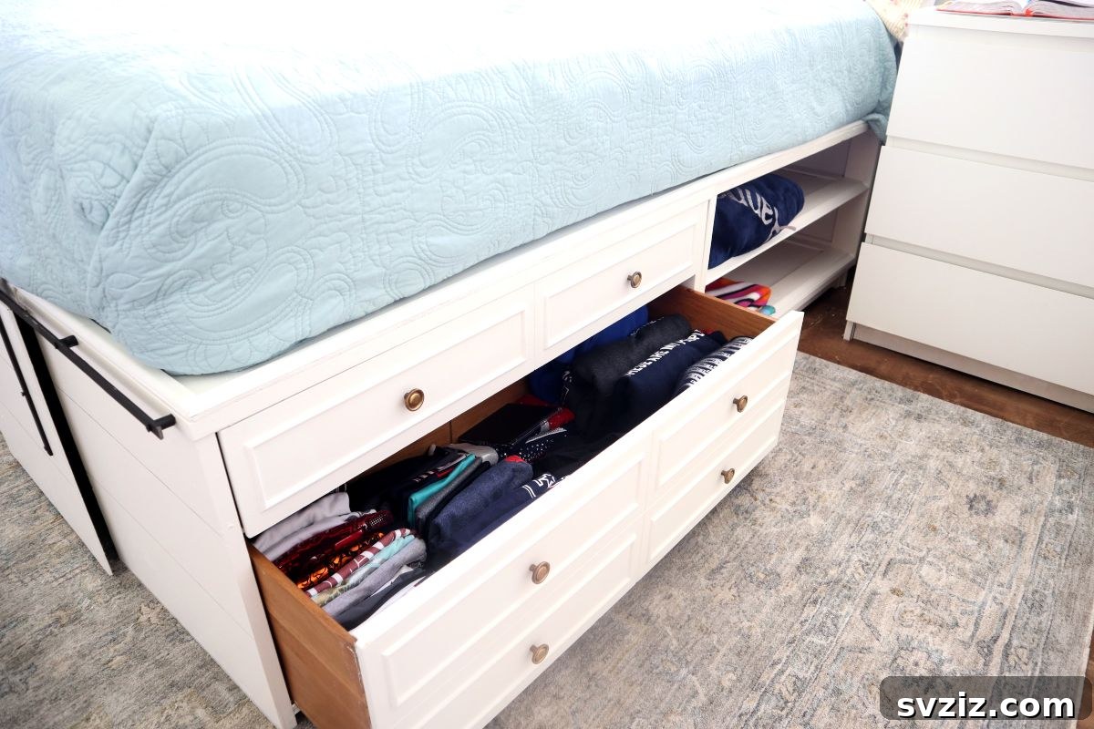 21 Ingenious Ways to Transform Small Bedrooms 15 Custom under-bed drawers offer concealed and ample storage for clothes and essentials, maintaining a clutter-free small bedroom.