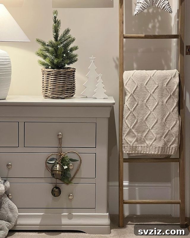 21 Ingenious Ways to Transform Small Bedrooms 17 A stylish blanket ladder leaned against a wall, offering vertical storage for textiles and a decorative touch in a small room.