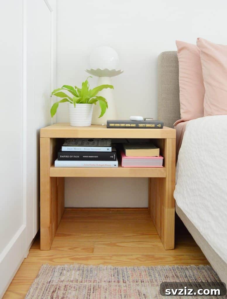21 Ingenious Ways to Transform Small Bedrooms 20 A pair of custom DIY modern wooden nightstands, perfectly sized for a compact bedroom, showcasing personalized and functional design.
