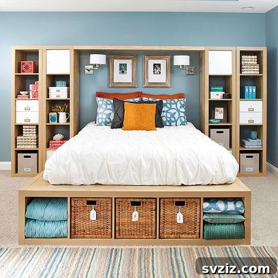 21 Ingenious Ways to Transform Small Bedrooms 23 A modern bed frame with built-in drawers underneath, providing substantial and integrated storage for a small bedroom.