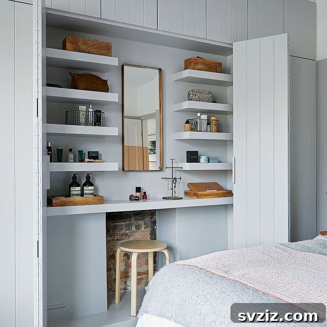21 Ingenious Ways to Transform Small Bedrooms 6 A sleek built-in vanity seamlessly integrated into a bedroom wall, providing a compact and organized beauty station.
