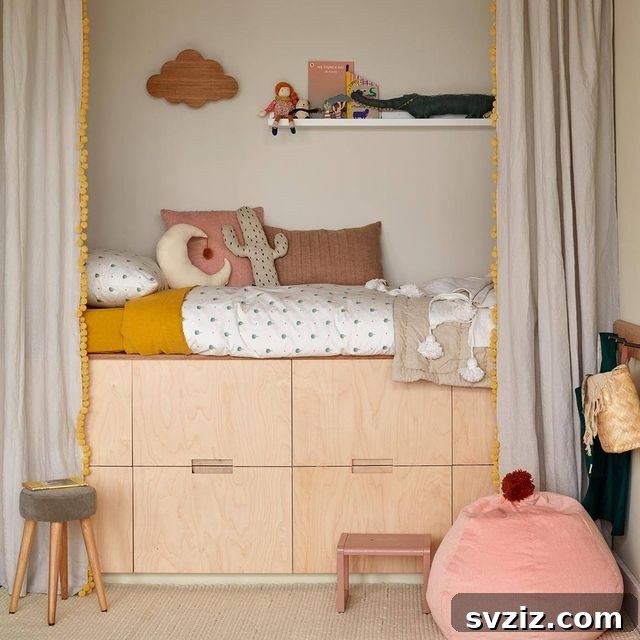 21 Ingenious Ways to Transform Small Bedrooms 10 A raised bed frame creates significant storage space underneath, perfect for bins and boxes in a compact bedroom.