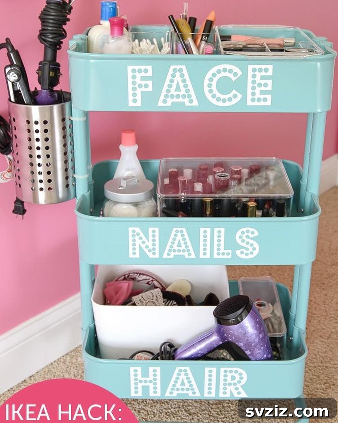 IKEA cart styled as a beauty cart with makeup, brushes, and skincare products