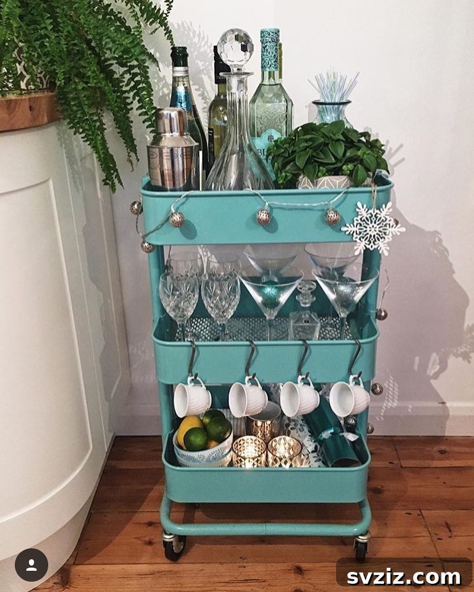 IKEA cart transformed into a stylish cocktail cart with liquor bottles and glassware