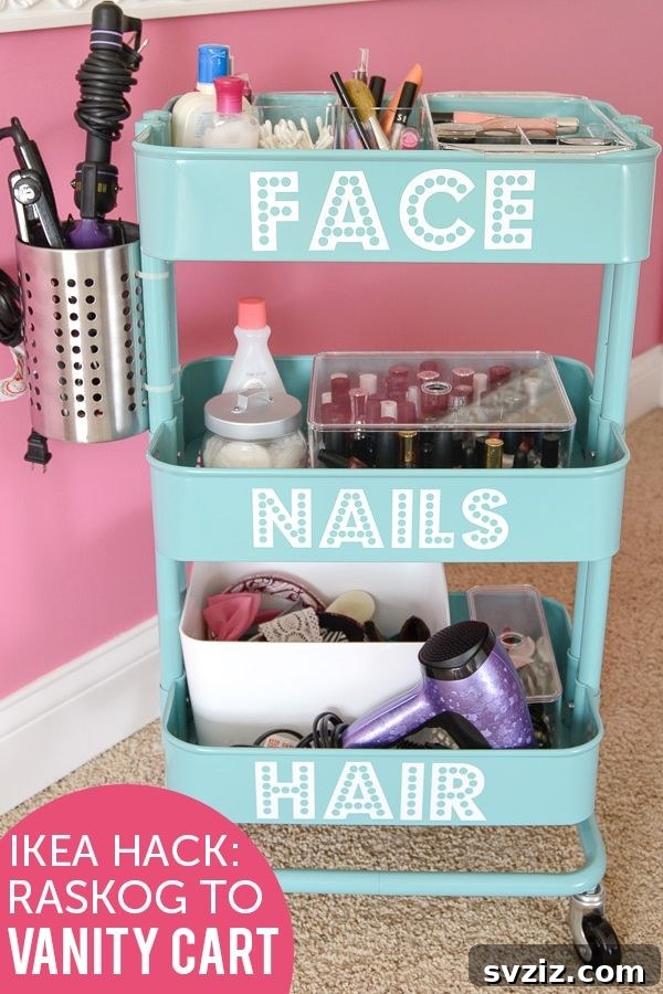 IKEA cart converted into a compact rolling vanity with mirror and beauty essentials