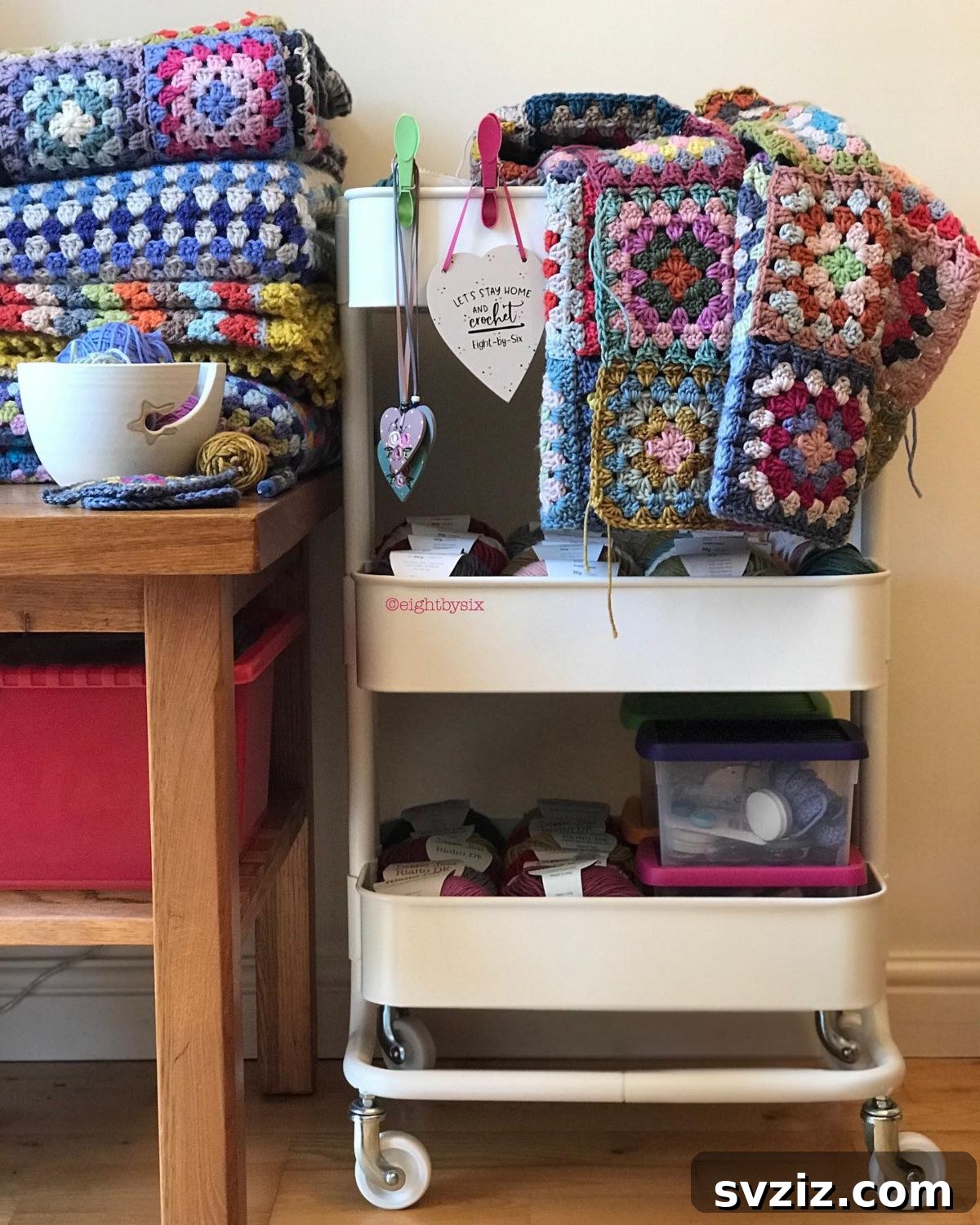 IKEA cart organized with colorful yarn skeins and knitting supplies