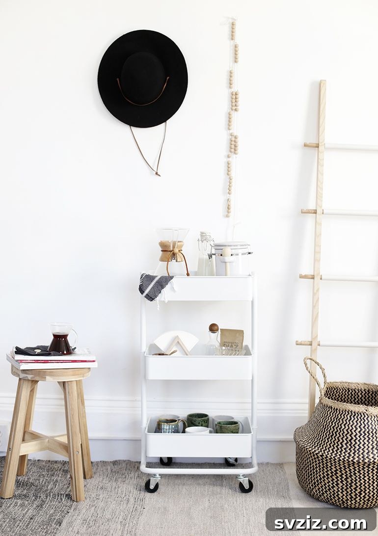 IKEA cart set up as a charming coffee station with coffee maker, mugs, and accessories