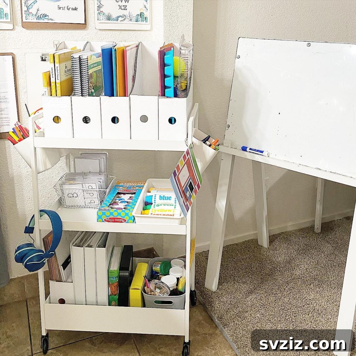 IKEA cart used as a homeschool cart, filled with educational materials and supplies