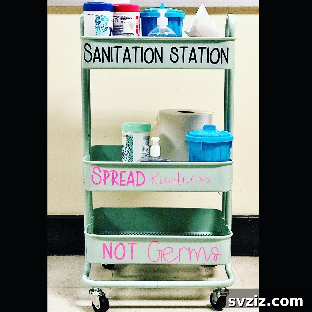 IKEA cart set up as a sanitation station with hand sanitizer, wipes, and tissues