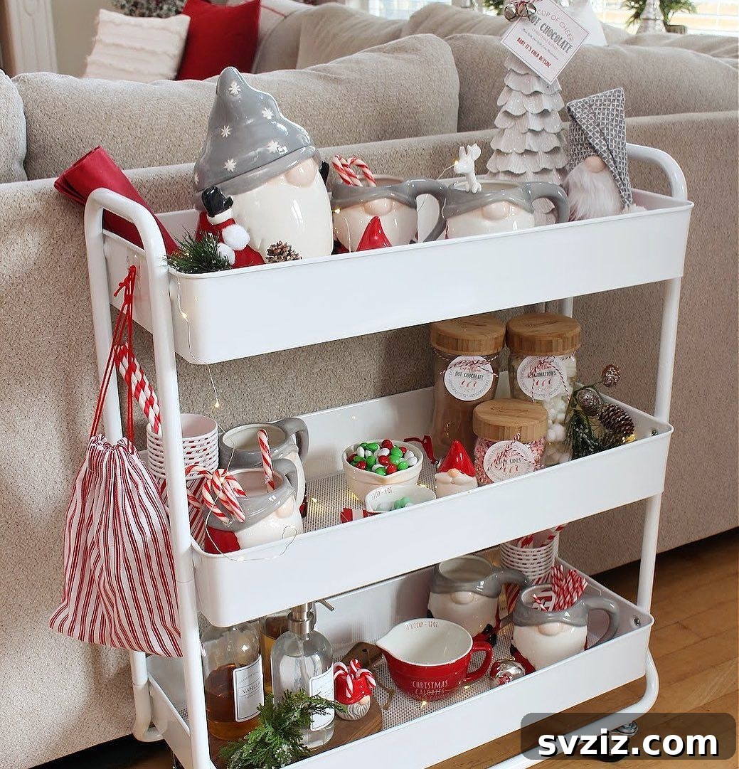 IKEA cart transformed into a charming hot chocolate bar with mugs, toppings, and cocoa