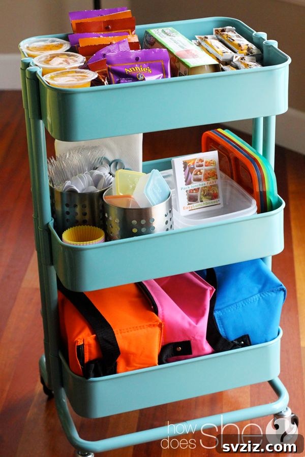 IKEA cart organized as an easy lunchbox station with containers and ingredients