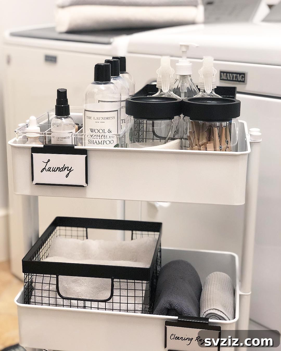 IKEA cart used for laundry organization, holding detergent, fabric softener, and dryer sheets