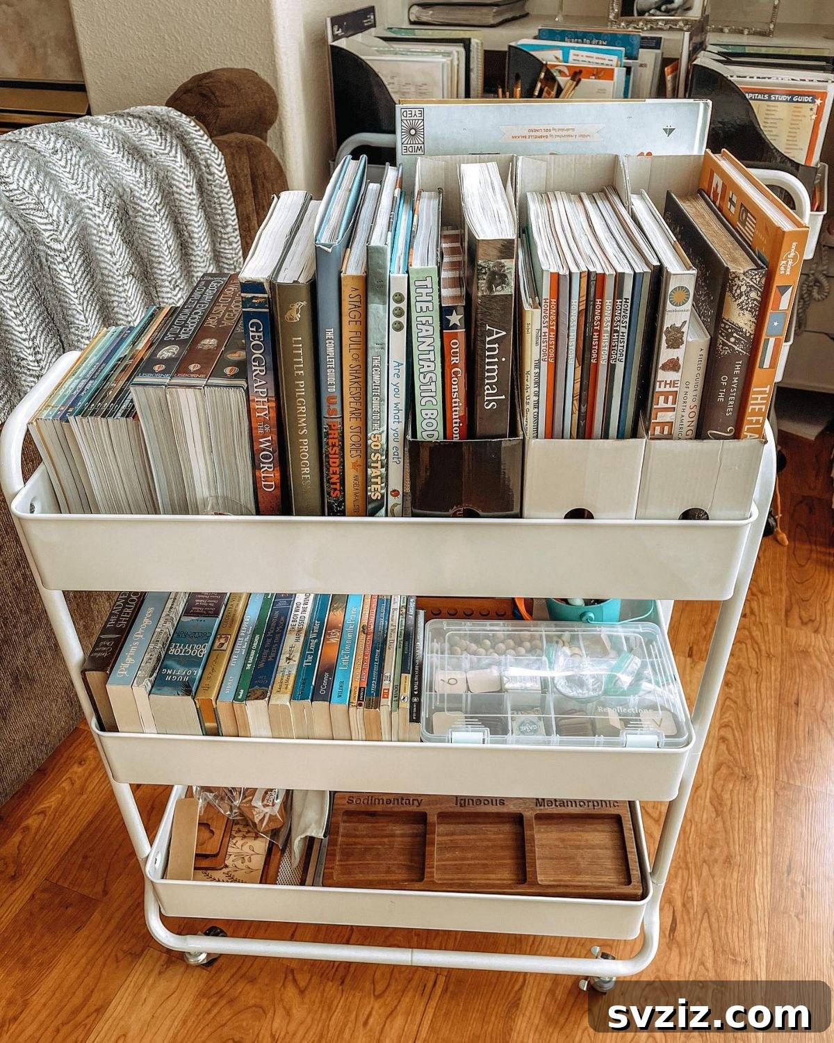 IKEA cart used as a mobile bookshelf for children's books