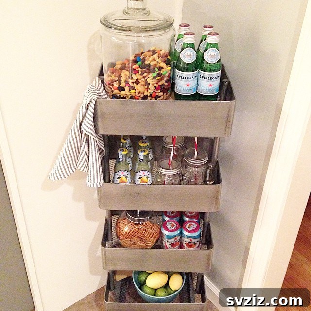 IKEA cart set up as a drinks and snacks station for a party