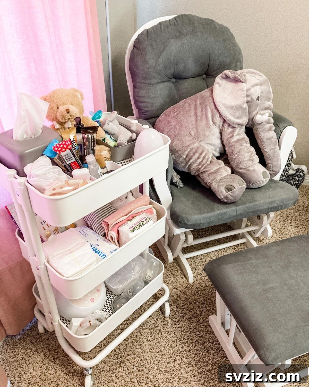 IKEA cart set up as a convenient diaper and nursing station for a baby