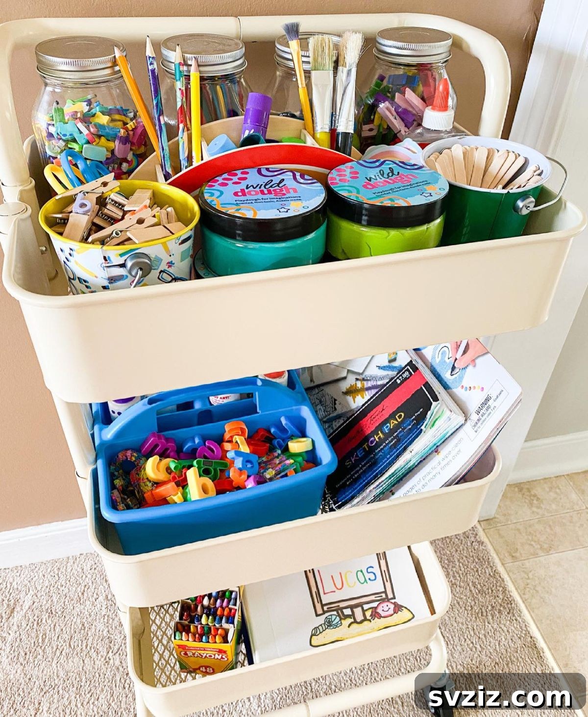IKEA cart organized with various kids' activities and art supplies