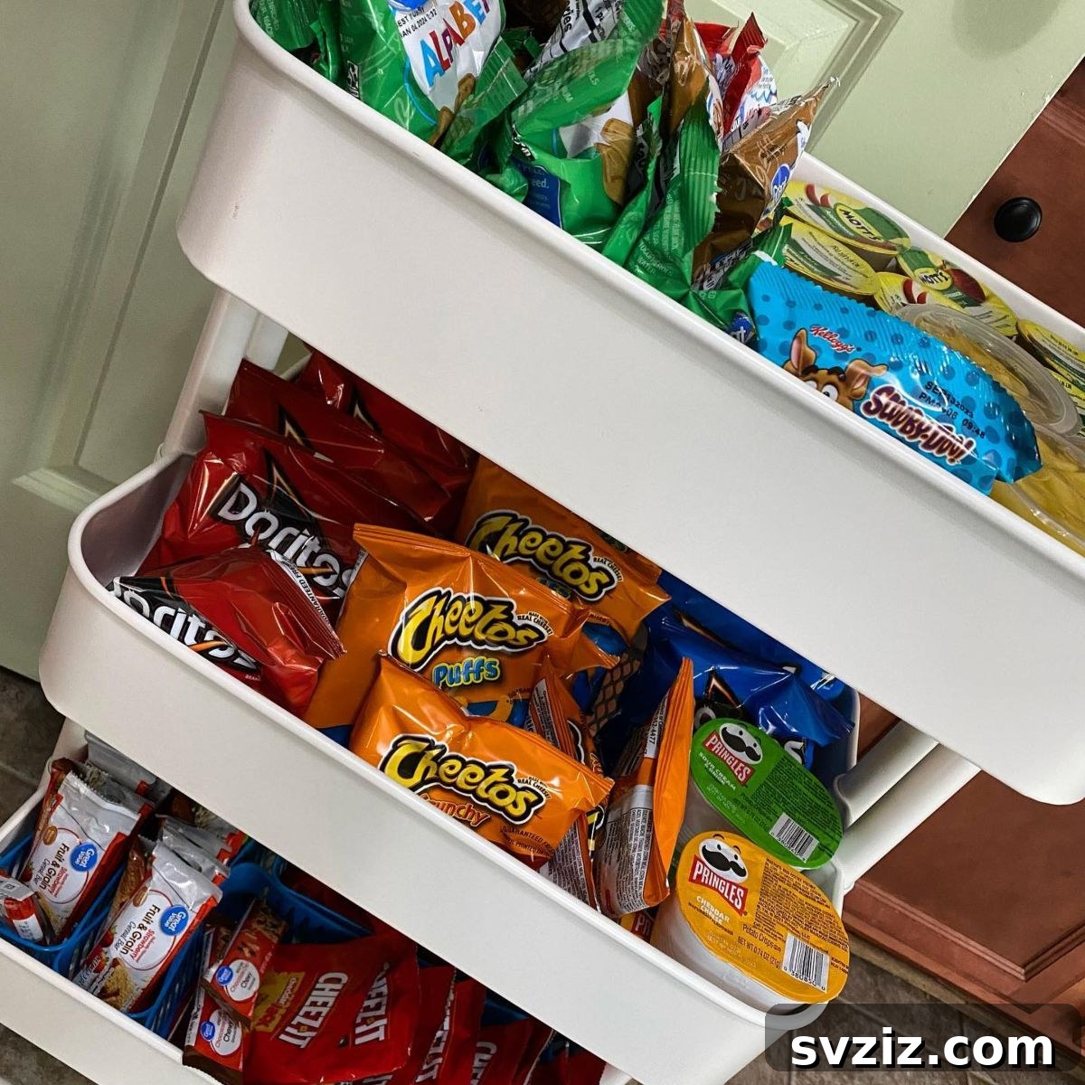 IKEA cart organized as a snack and pantry extension with food items