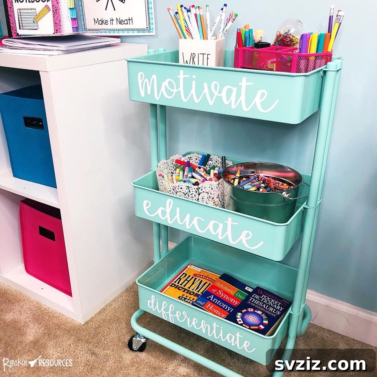 IKEA cart used for classroom organization, holding teaching supplies and materials