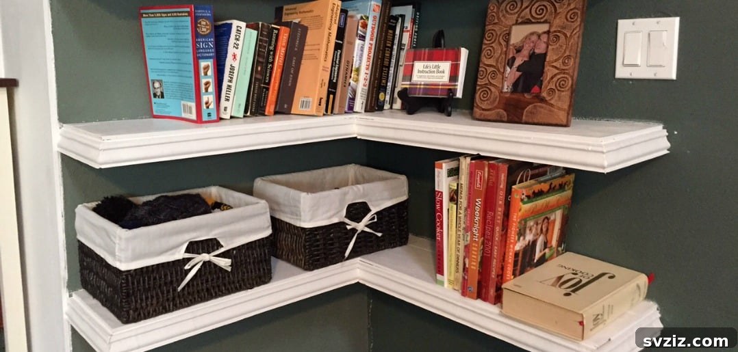 Smart Space Solutions for Couples Bedrooms 14 Efficient corner floating shelves maximizing previously unused space, adorned with decorative items and plants.