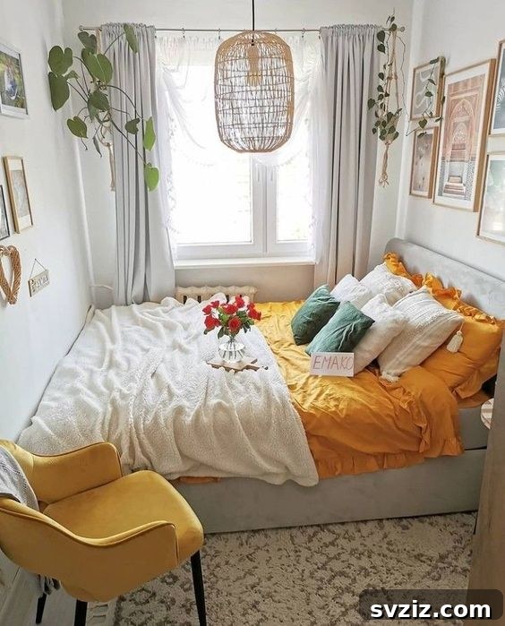 Smart Space Solutions for Couples Bedrooms 22 Small bedroom layout showing a bed placed against the widest wall, creating a sense of spaciousness and allowing room for other furniture.