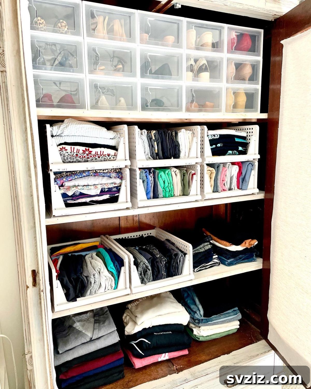 Smart Space Solutions for Couples Bedrooms 24 Neatly arranged stackable baskets providing organized storage for various items inside a wardrobe, promoting tidiness and maximizing vertical space.