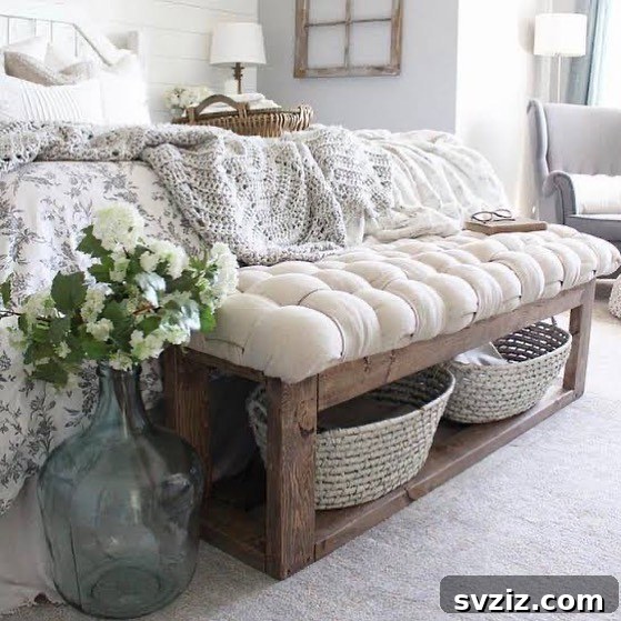 Smart Space Solutions for Couples Bedrooms 27 Functional end-of-bed storage bench, offering seating and concealed storage for bedding or clothing, enhancing organization in a small bedroom.