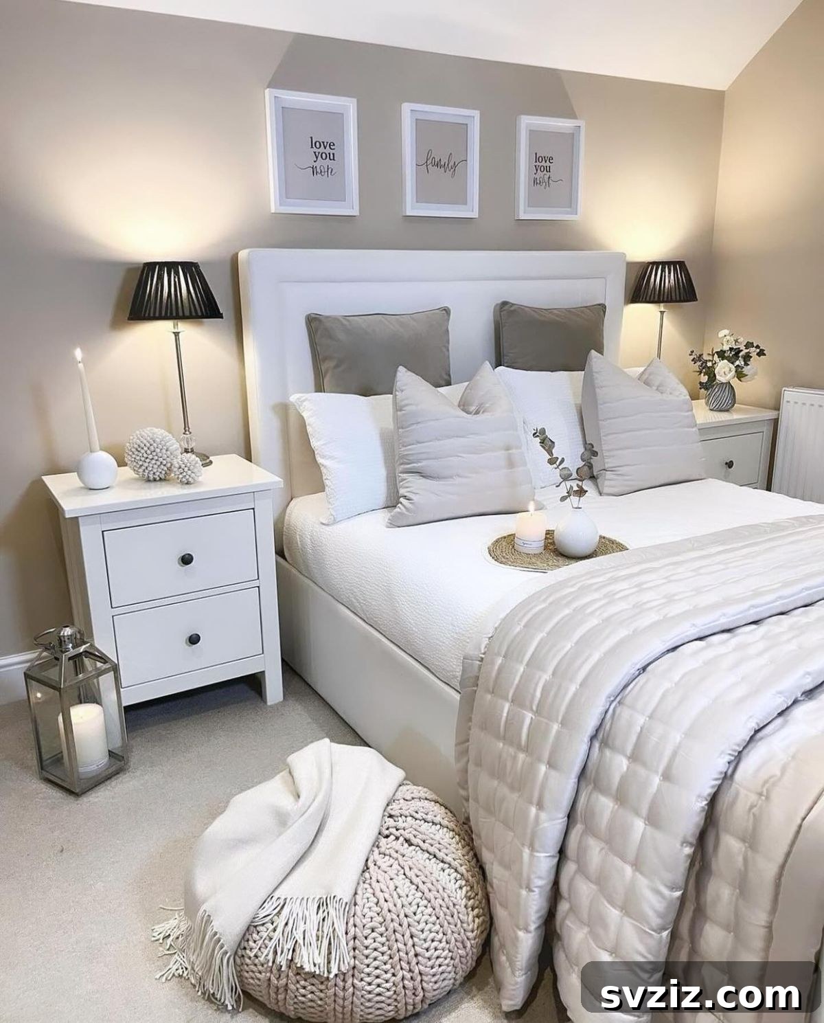 Smart Space Solutions for Couples Bedrooms 28 Small, matching bedside tables enhancing symmetry and organization in a compact couple's bedroom, each adorned with a minimalist lamp and personal items.