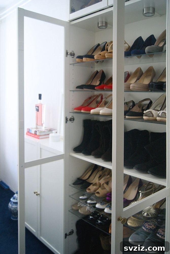 Smart Space Solutions for Couples Bedrooms 5 Customized IKEA Billy Bookcase transformed into an efficient shoe storage closet, perfect for organizing a couple's footwear in a small bedroom.