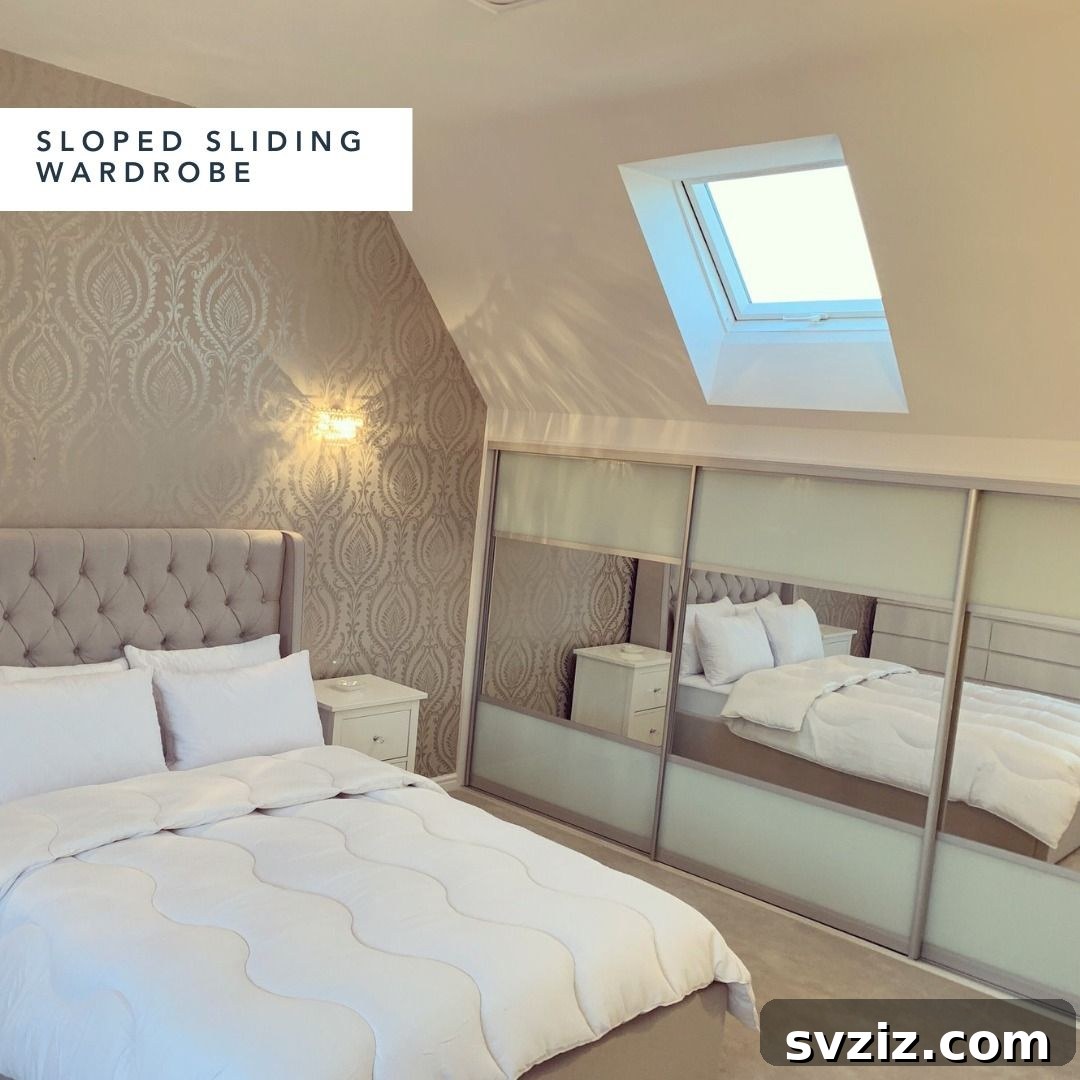 Smart Space Solutions for Couples Bedrooms 7 Custom sloped sliding wardrobe maximizing storage in a bedroom with an angled ceiling, featuring reflective surfaces to enhance space.