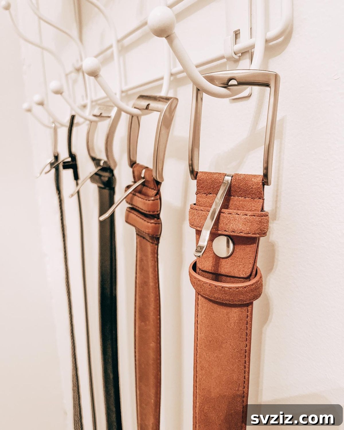 31 Genius Vertical Storage Hacks 10 Hooks for hanging belts in a closet, maximizing vertical space
