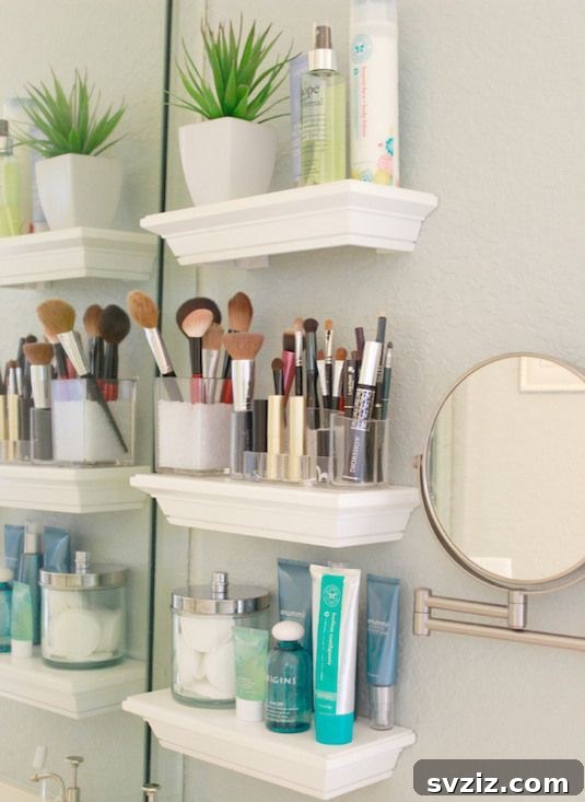 Floating shelf as a makeup and coffee organizer in the bathroom