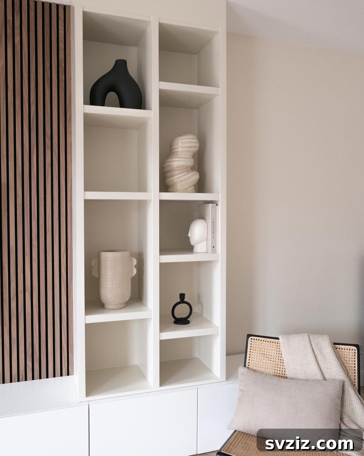 21 Genius IKEA Transformations for Your Home 12 IKEA Billy bookcases transformed into a minimalist display unit with a slatted wall detail