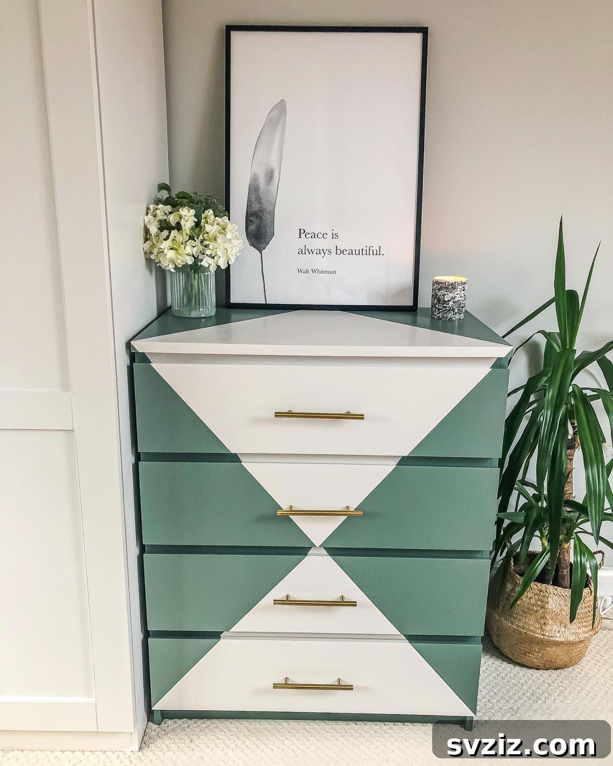 21 Genius IKEA Transformations for Your Home 15 IKEA Malm dresser upcycled with a geometric painted design in green and ivory