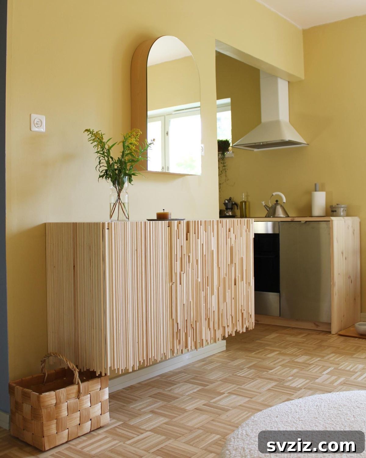 Brilliant IKEA Kitchen Storage Solutions 23 Custom floating kitchen sideboard made from IKEA cabinets with wooden rod overlay
