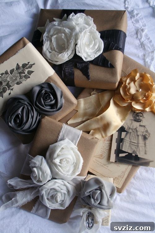 20 Creative Christmas Gift Wrapping Designs 7 no-sew fabric flower wrapping