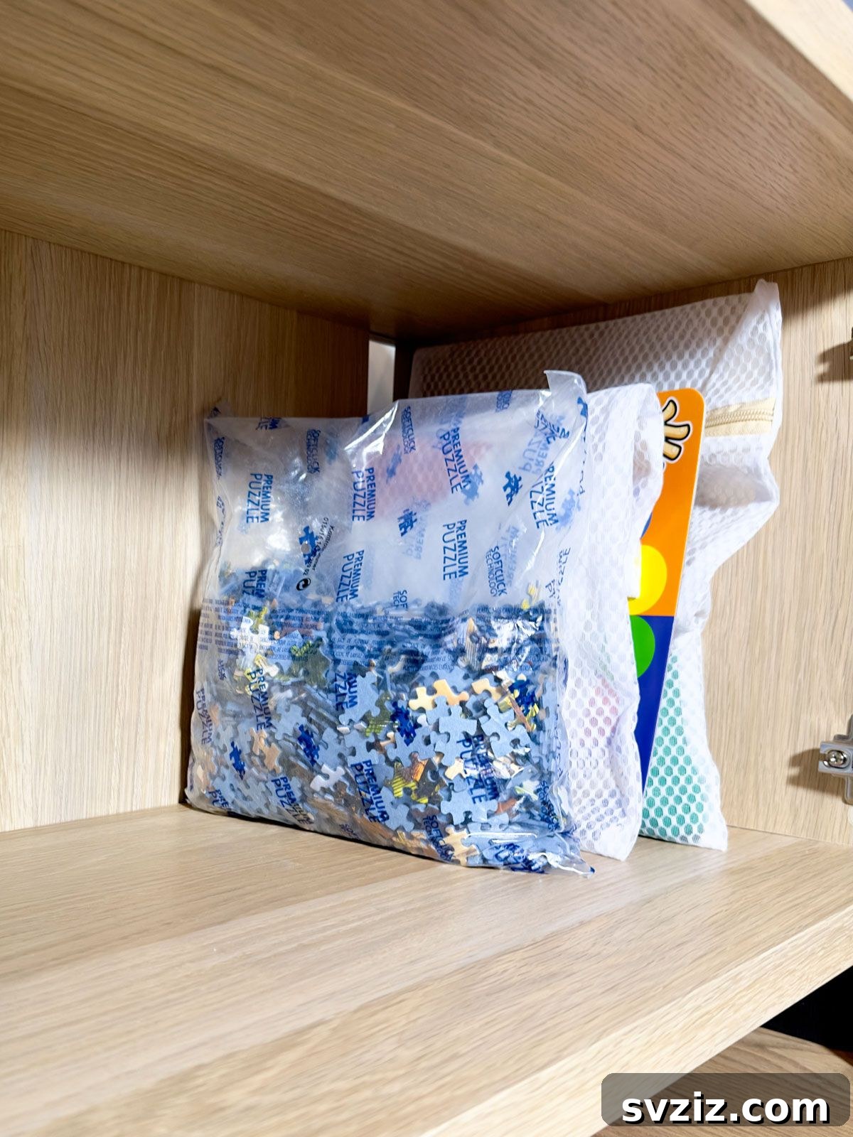 Store Board Games in Mesh Bags to Save More Space - kids' room decluttering