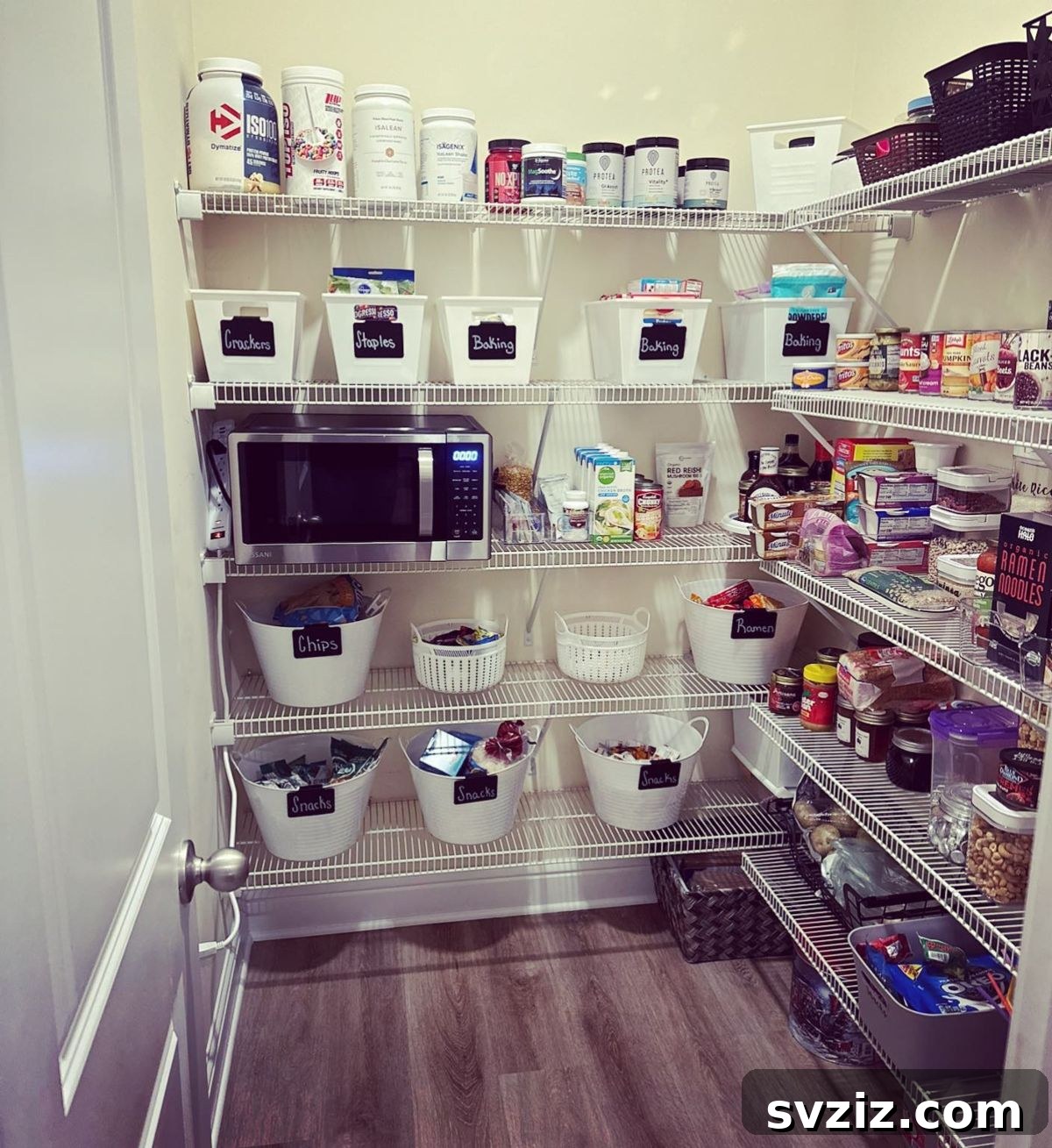 Clear labels for organized pantry containers.
