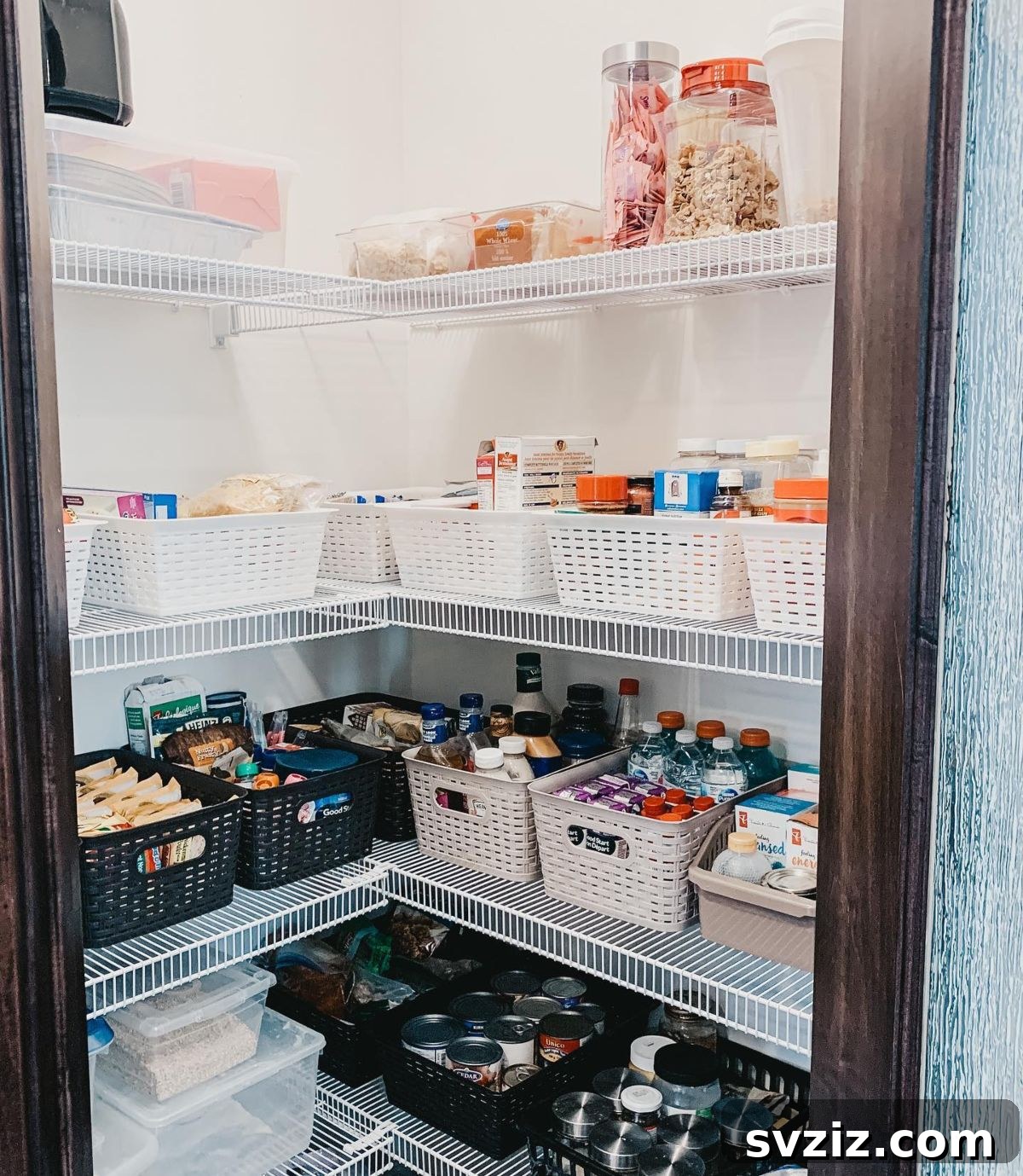 Slotted plastic baskets for versatile pantry storage.